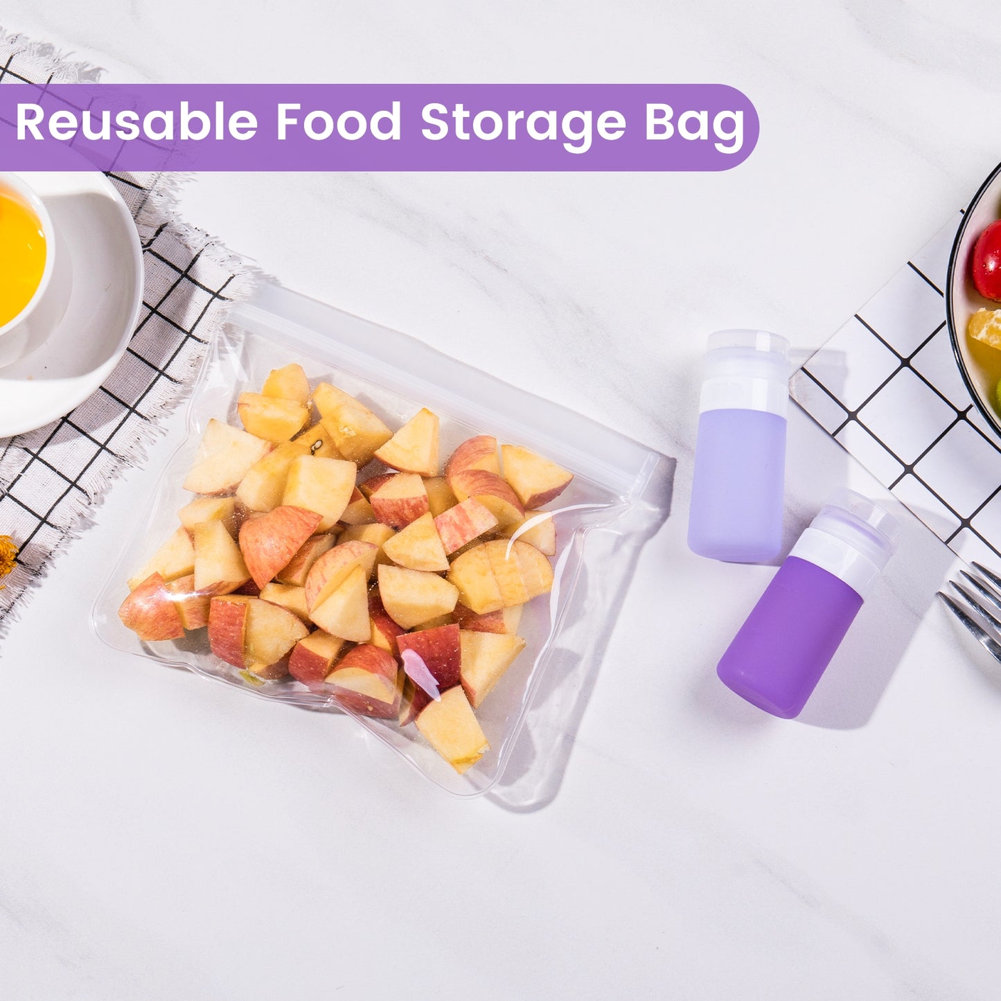 Micebay 2 oz Silicone Condiment Squeeze Bottles, Leakproof Mini Sauce Containers with Reusable Bag, 4-Pack for Meal Prep and Bento Boxes, Purple