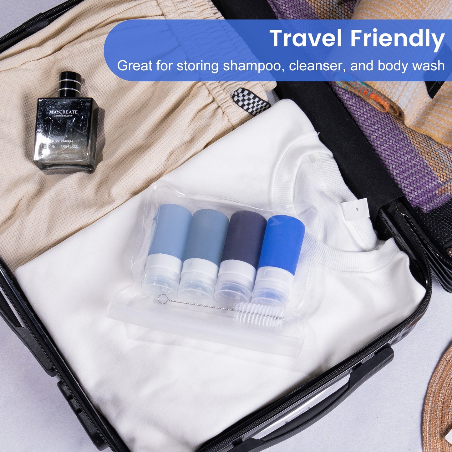 Micebay 2 oz Silicone Condiment Squeeze Bottles, Leakproof Mini Sauce Containers with Reusable Bag, 4-Pack for Meal Prep and Bento Boxes, Blue