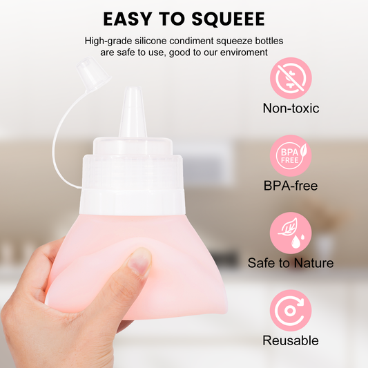 Micebay 12 oz Silicone Condiment Squeeze Bottles, Leak Proof, BPA Free, with Interchangeable Lids, Set of 4 for Oil, Honey, Dressing, Pink