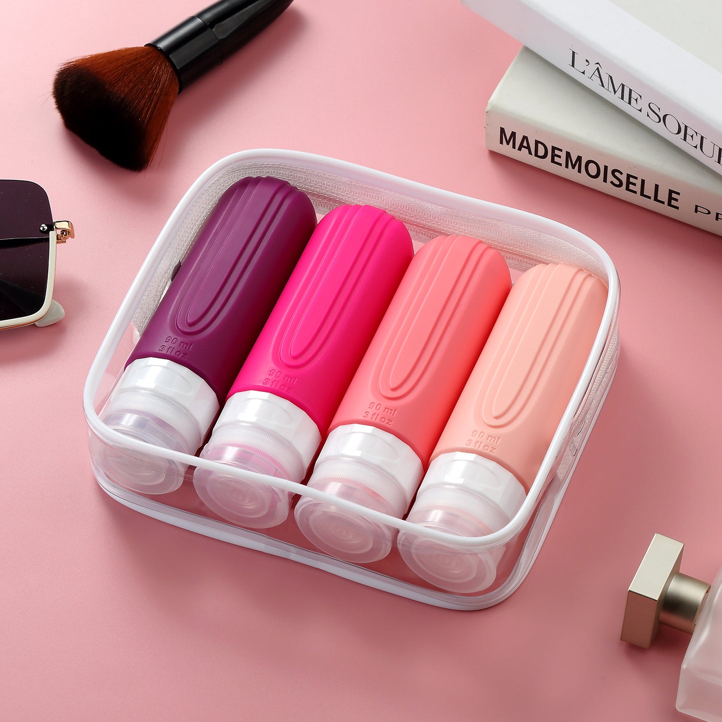 Micebay Leak-Proof 3-oz Silicone Squeezable Travel Bottles for Toiletries, Refillable Travel Size Containers, BPA Free, TSA Approved, Dark-Pureple, 4 Pack