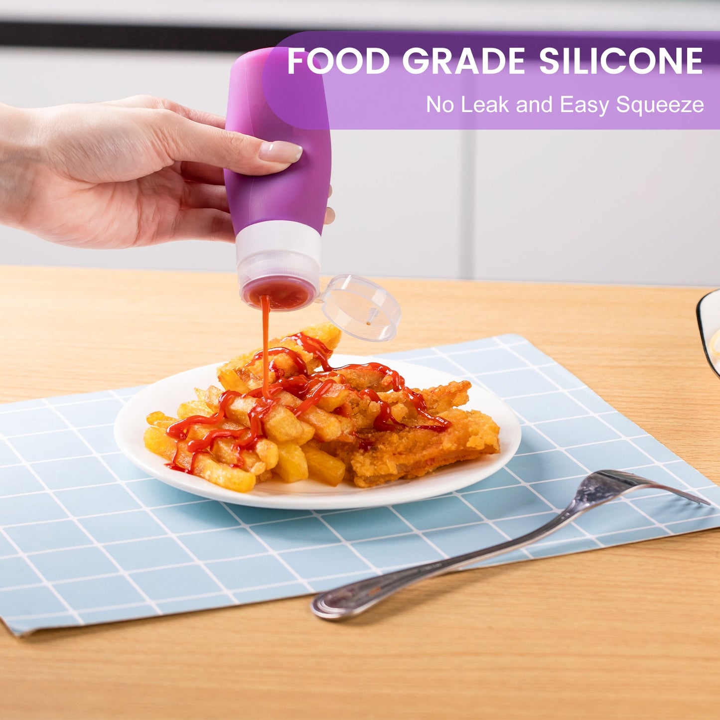 Micebay 3 oz Silicone Condiment Squeeze Bottles, Leakproof Mini Sauce Containers with Reusable Bag, 4-Pack for Meal Prep and Bento Boxes, Purple