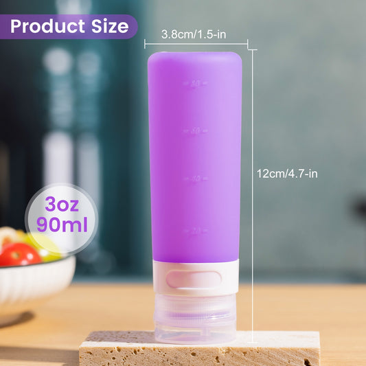 Micebay 3 oz Silicone Condiment Squeeze Bottles, Leakproof Mini Sauce Containers with Reusable Bag, 4-Pack for Meal Prep and Bento Boxes, Purple