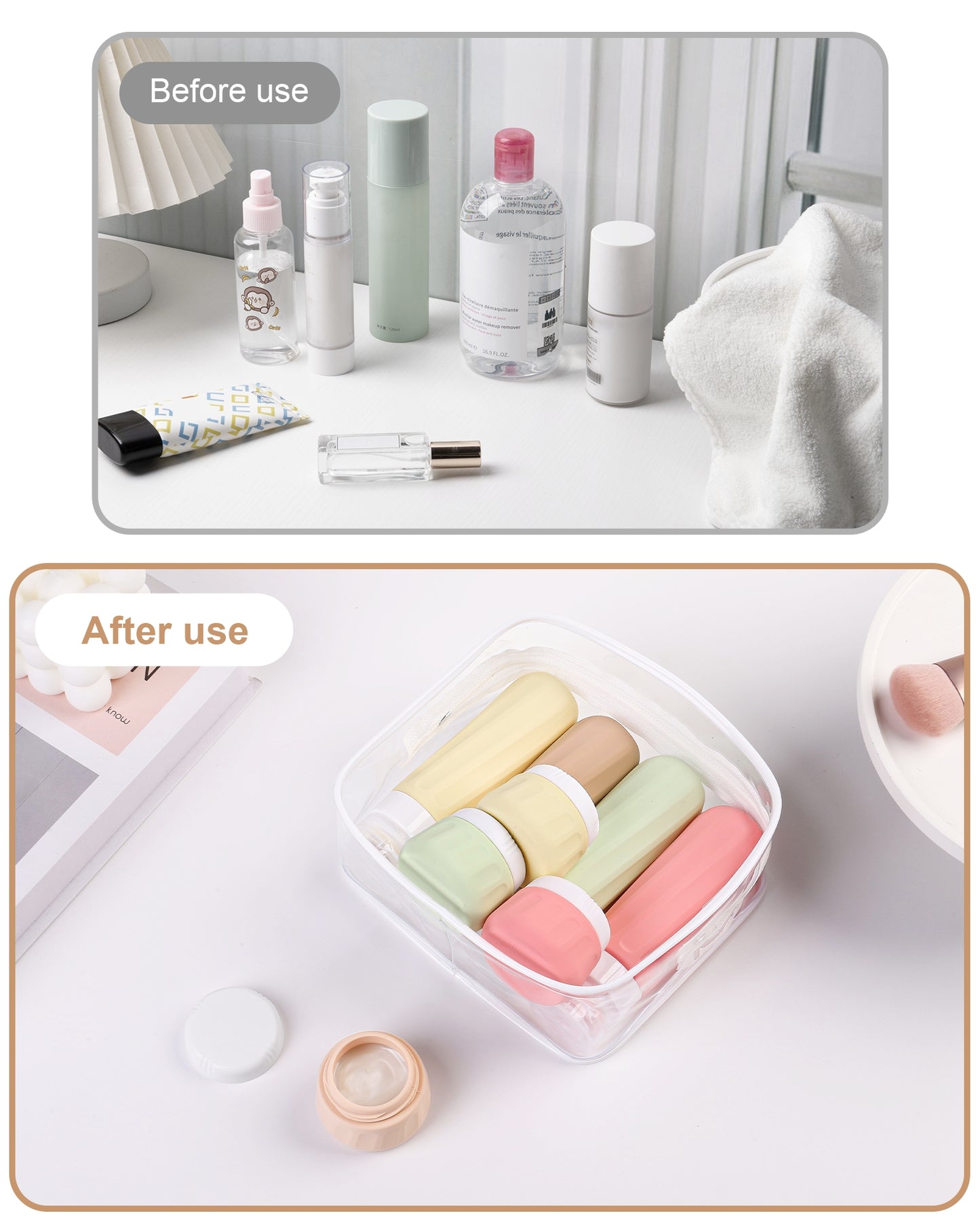 Micebay Travel Bottles for Toiletries 8 Pack, Travel Size Toiletries, Tsa Approved Travel Size Containers 3oz, with Travel Essentials Clear Bag, Leak Proof Silicone Squeezable Creams Jars