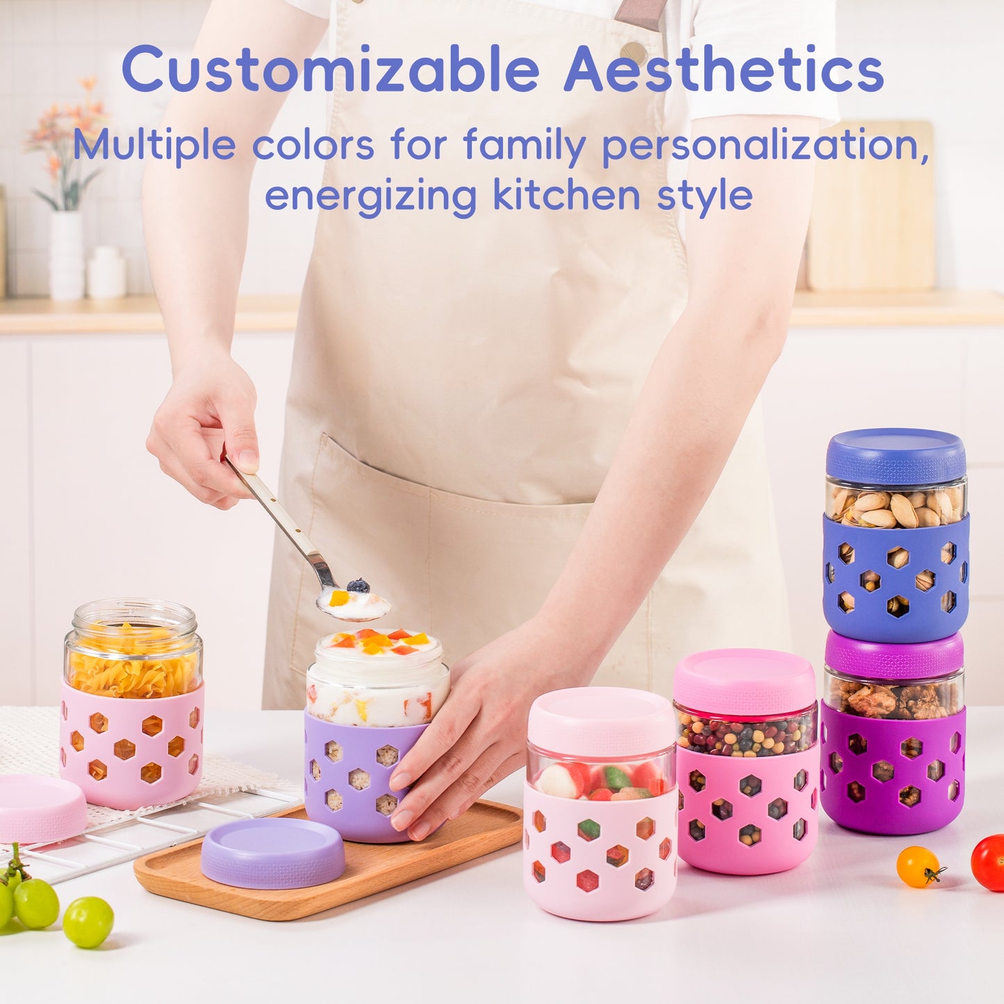 Micebay 6-Pack 16 oz Glass Mason Jars with Silicone Sleeves, Airtight BPA-Free Overnight Oats Containers with Lids, Dishwasher Safe Leak-Proof Meal Prep Jars for Chia Pudding, Yogurt, Snacks