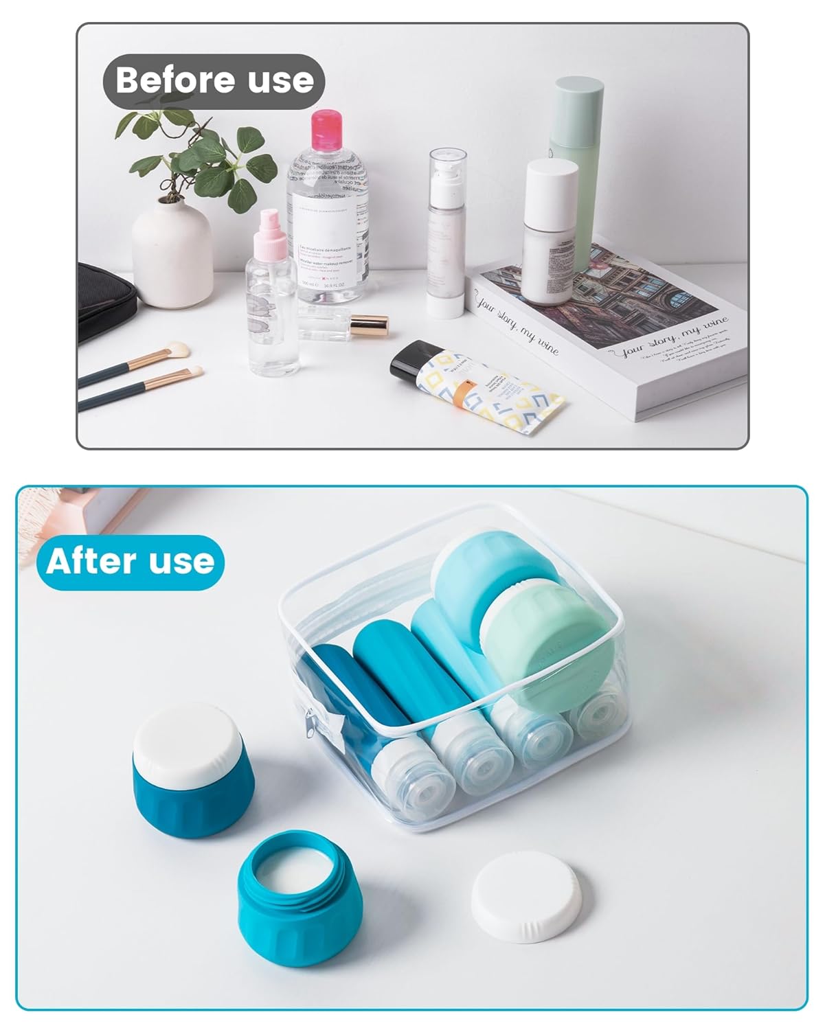 Micebay Travel Bottles for Toiletries 8 Pack, Travel Size Toiletries, Tsa Approved Travel Size Containers 3oz, with Travel Essentials Clear Bag, Leak Proof Silicone Squeezable Creams Jars