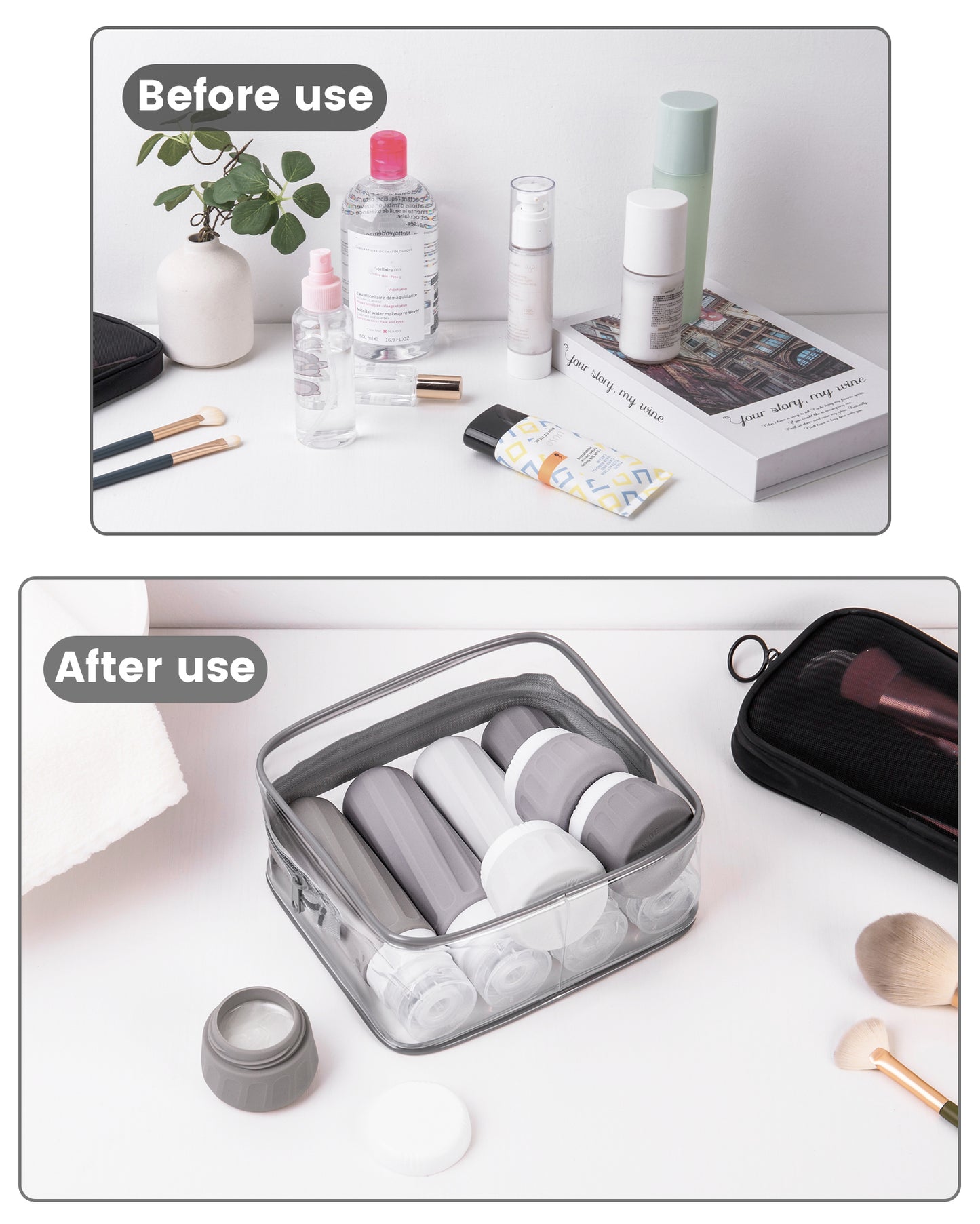Micebay Travel Bottles for Toiletries 8 Pack, Travel Size Toiletries, Tsa Approved Travel Size Containers 3oz, with Travel Essentials Clear Bag, Leak Proof Silicone Squeezable Creams Jars