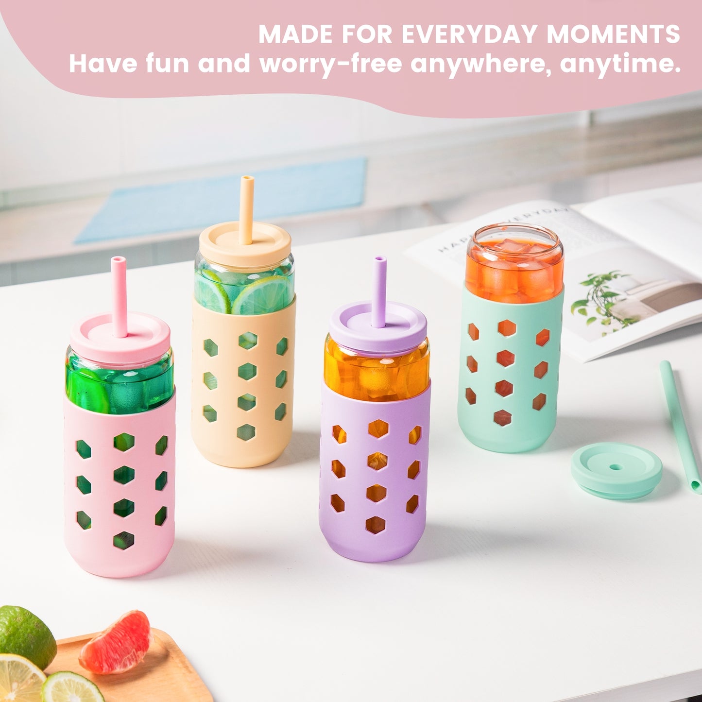 Micebay 20 oz Glass Cups With Lids and Straws, 4-Pack Iced Coffee Cup - Smoothie Cup With Silicone Lid and Sleeve for Coffee Bar Accessory, Cute Drinking Glasses Set Reusable Glass Tumbler for Gifts