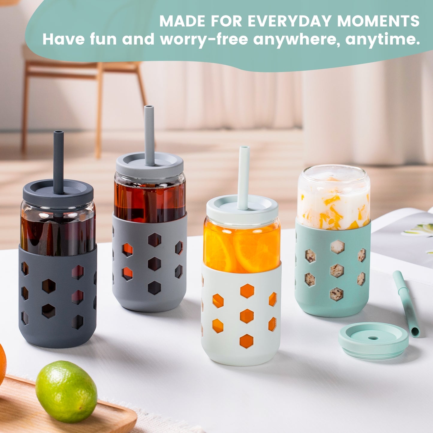 Micebay Glass Cups with Silicone Lids and Straws (4 Pcs), 16oz Drinking Glasses Set with Silicone Sleeves for Coffee Bar Accessories Iced Coffee Cups with Lids, Glass Tumbler Reusable for Gifts