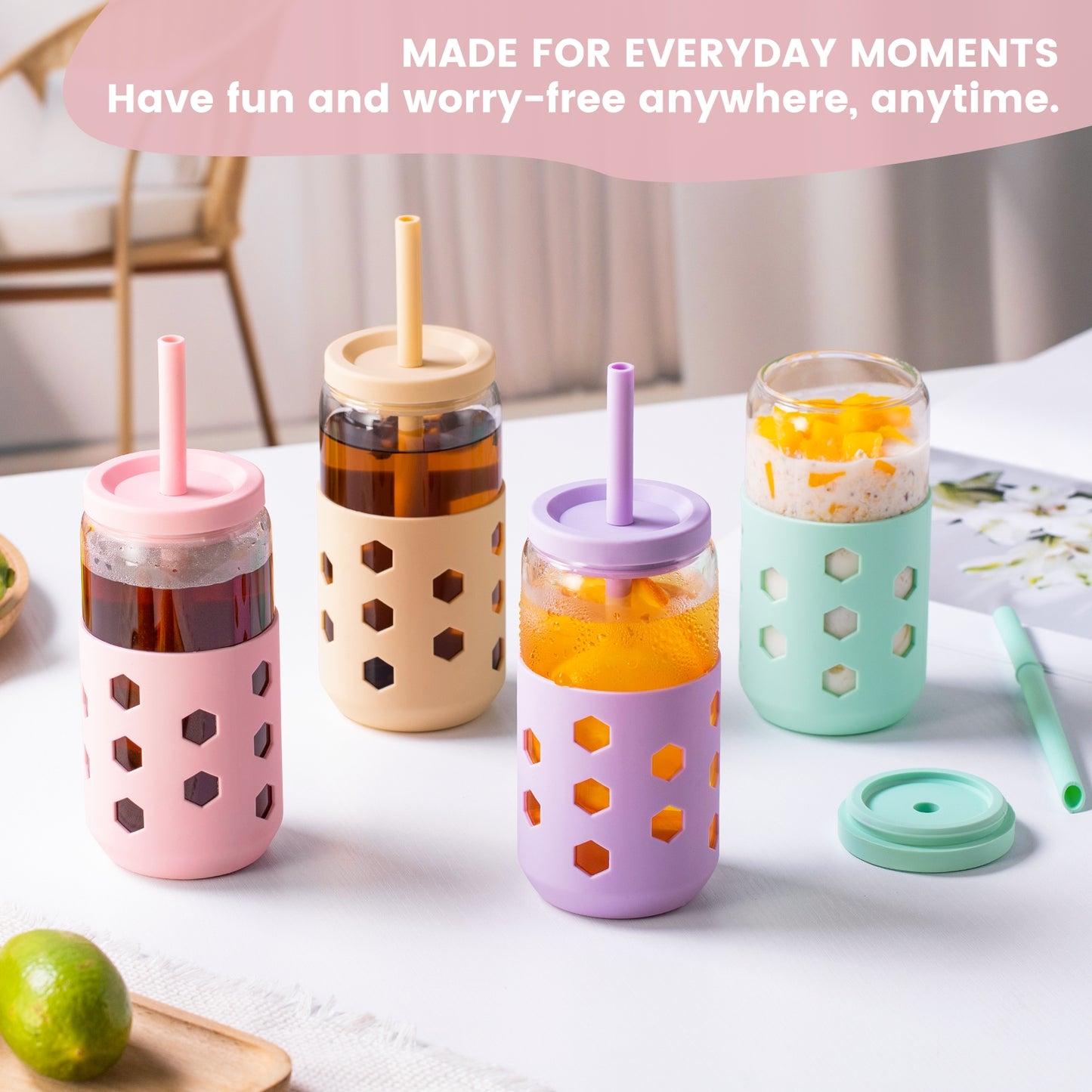 Micebay Glass Cups with Silicone Lids and Straws (4 Pcs), 16oz Drinking Glasses Set with Silicone Sleeves for Coffee Bar Accessories Iced Coffee Cups with Lids, Glass Tumbler Reusable for Gifts