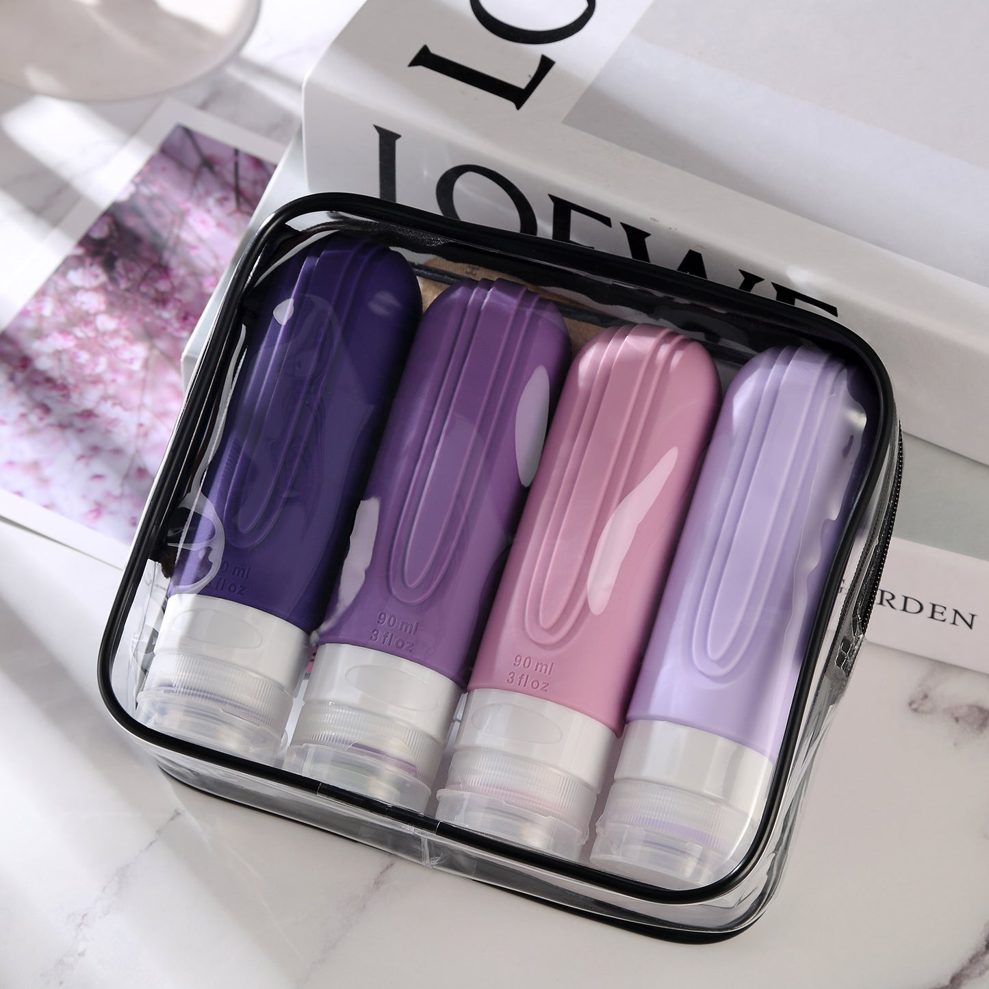 Micebay Leak-Proof 3-oz Silicone Squeezable Travel Bottles for Toiletries, Refillable Travel Size Containers, BPA Free, TSA Approved, Purple, 4 Pack