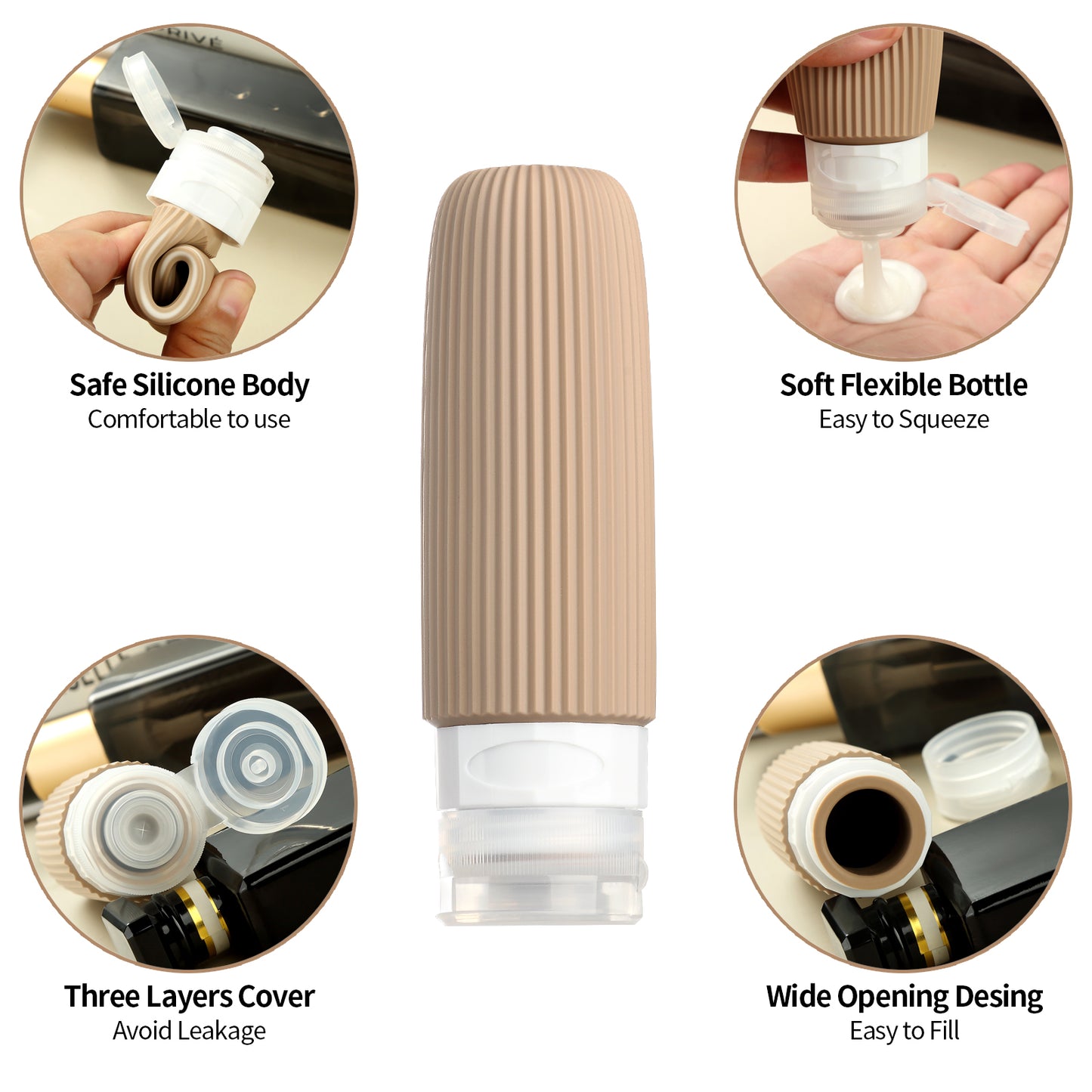 Micebay Silicone Travel Bottles, Leak Proof Toiletry Containers for Shampoo, Conditioner & Lotion, Cream