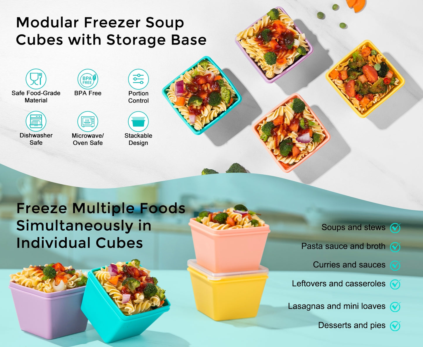 Micebay 1-Cup Silicone Freezer Molds with Lids, Individual 4-Pack Portion Soup Cubes Freezer Trays for Food Storage, Oven & Dishwasher Safe, BPA-Free, Silicone Freezer Containers for Meal Prep