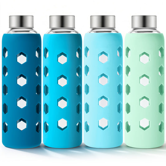 Micebay Glass Juice Bottles with Lids and Silicone Sleeves 18 oz, 4-Pack Reusable Clear Glass Water Bottles with Stainless Steel Airtight Cap for Juicing, Refrigerator, BPA Free Leak-Proof Drinking Jar