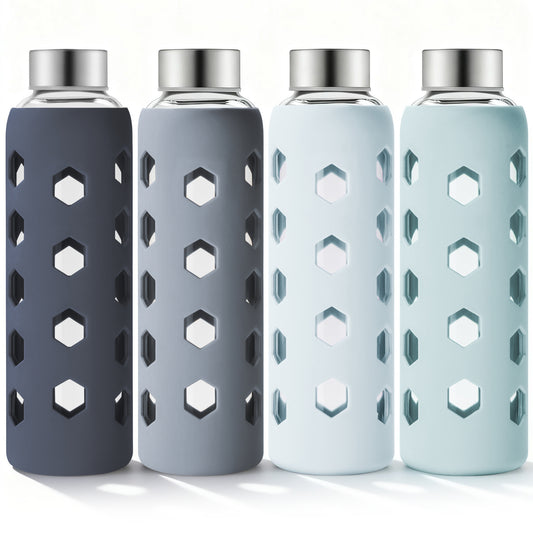 Micebay Glass Juice Bottles with Lids and Silicone Sleeves 18 oz, 4-Pack Reusable Clear Glass Water Bottles with Stainless Steel Airtight Cap for Juicing, Refrigerator, BPA Free Leak-Proof Drinking Jar