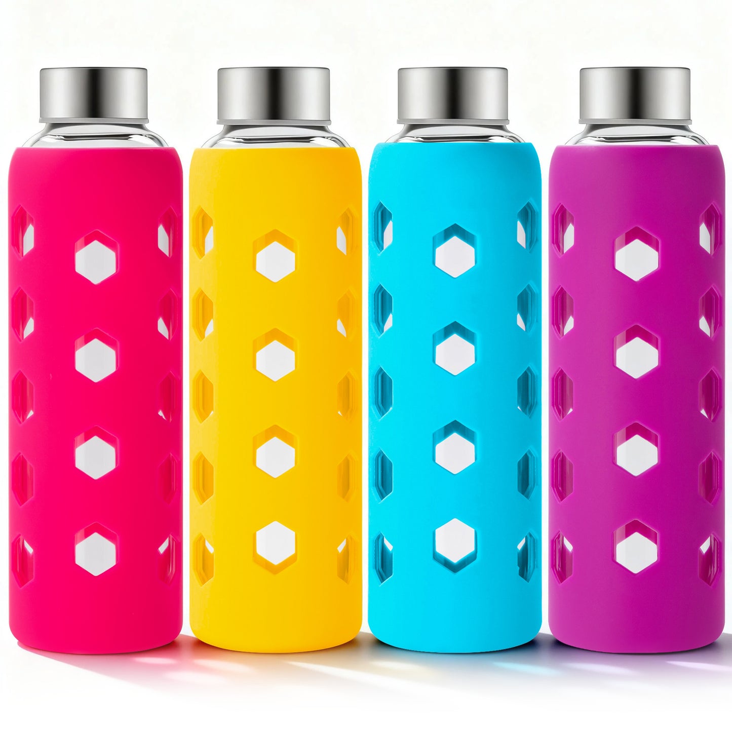 Micebay Glass Juice Bottles with Lids and Silicone Sleeves 18 oz, 4-Pack Reusable Clear Glass Water Bottles with Stainless Steel Airtight Cap for Juicing, Refrigerator, BPA Free Leak-Proof Drinking Jar