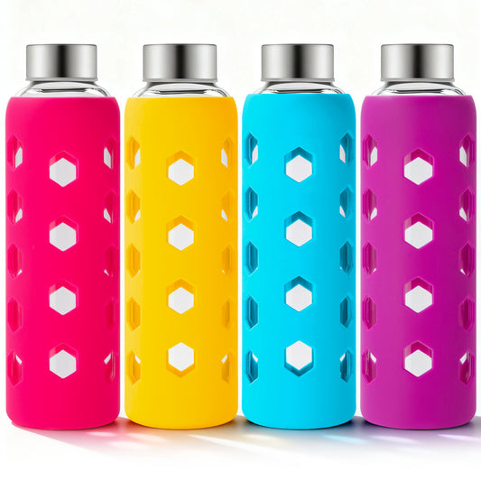 Micebay Glass Juice Bottles with Lids and Silicone Sleeves 18 oz, 4-Pack Reusable Clear Glass Water Bottles with Stainless Steel Airtight Cap for Juicing, Refrigerator, BPA Free Leak-Proof Drinking Jar