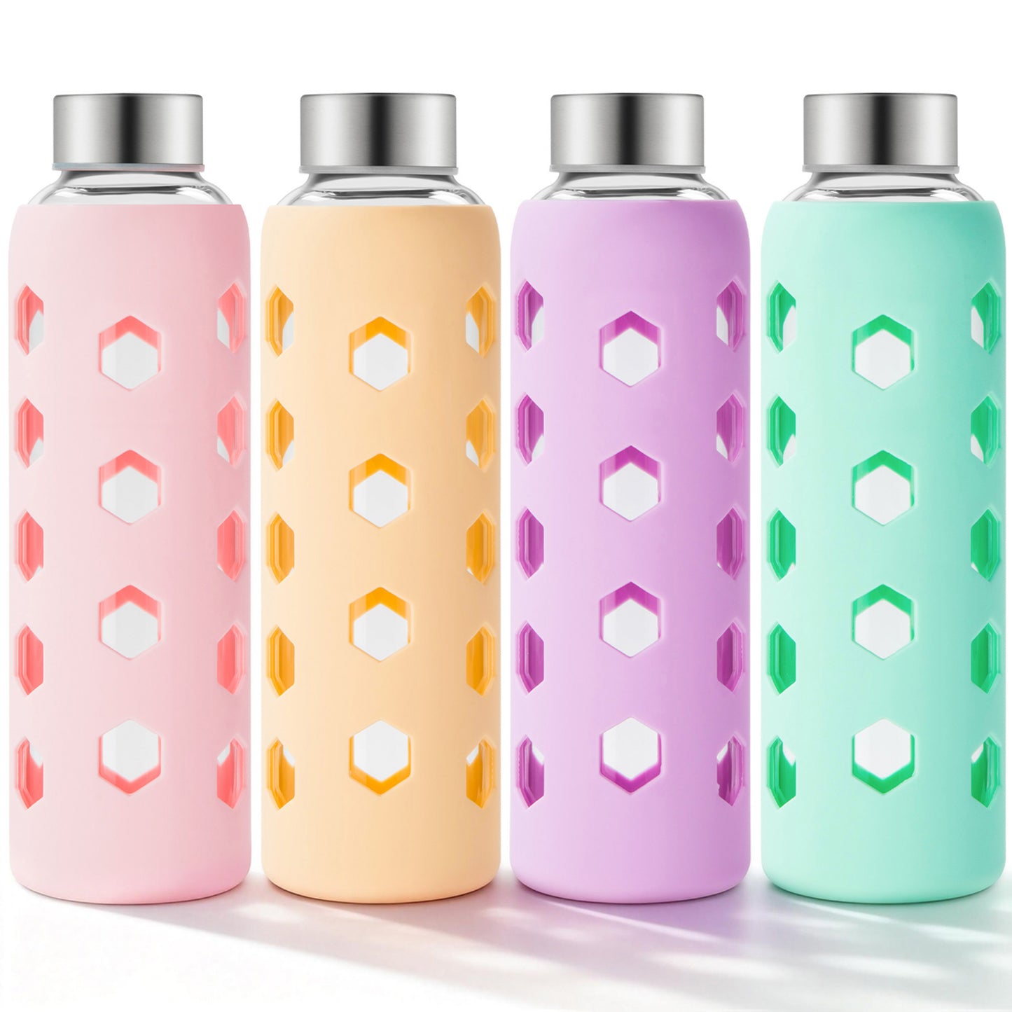 Micebay Glass Juice Bottles with Lids and Silicone Sleeves 18 oz, 4-Pack Reusable Clear Glass Water Bottles with Stainless Steel Airtight Cap for Juicing, Refrigerator, BPA Free Leak-Proof Drinking Jar