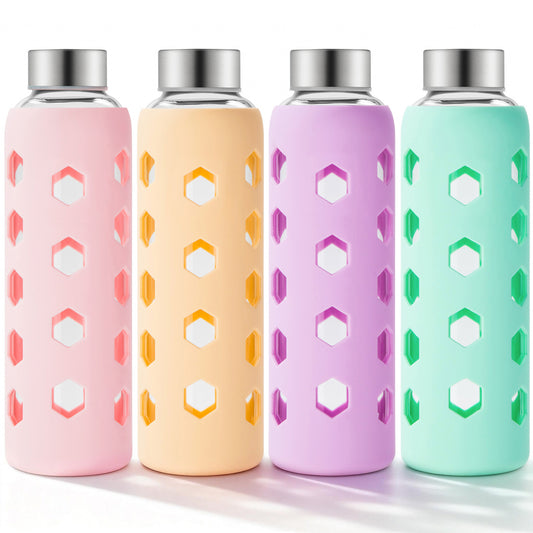 Micebay Glass Juice Bottles with Lids and Silicone Sleeves 18 oz, 4-Pack Reusable Clear Glass Water Bottles with Stainless Steel Airtight Cap for Juicing, Refrigerator, BPA Free Leak-Proof Drinking Jar