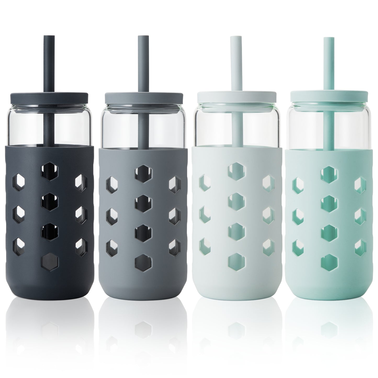 Micebay Glass Cups with Lids and Straws (4 Pcs), 20oz Drinking Glasses Set with Silicone Sleeves for Coffee Bar Accessories Iced Coffee Cups with Lids, Glass Tumbler Reusable for Gifts