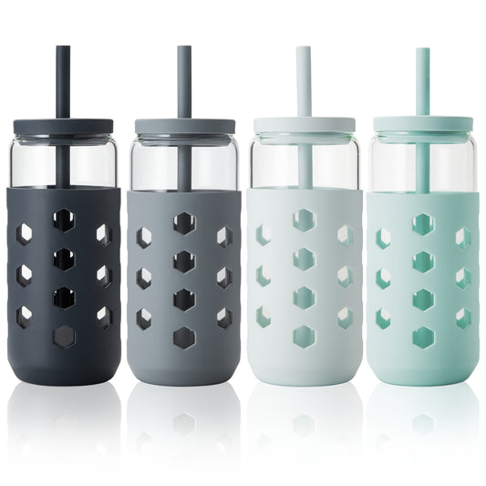 Micebay Glass Cups with Lids and Straws (4 Pcs), 20oz Drinking Glasses Set with Silicone Sleeves for Coffee Bar Accessories Iced Coffee Cups with Lids, Glass Tumbler Reusable for Gifts