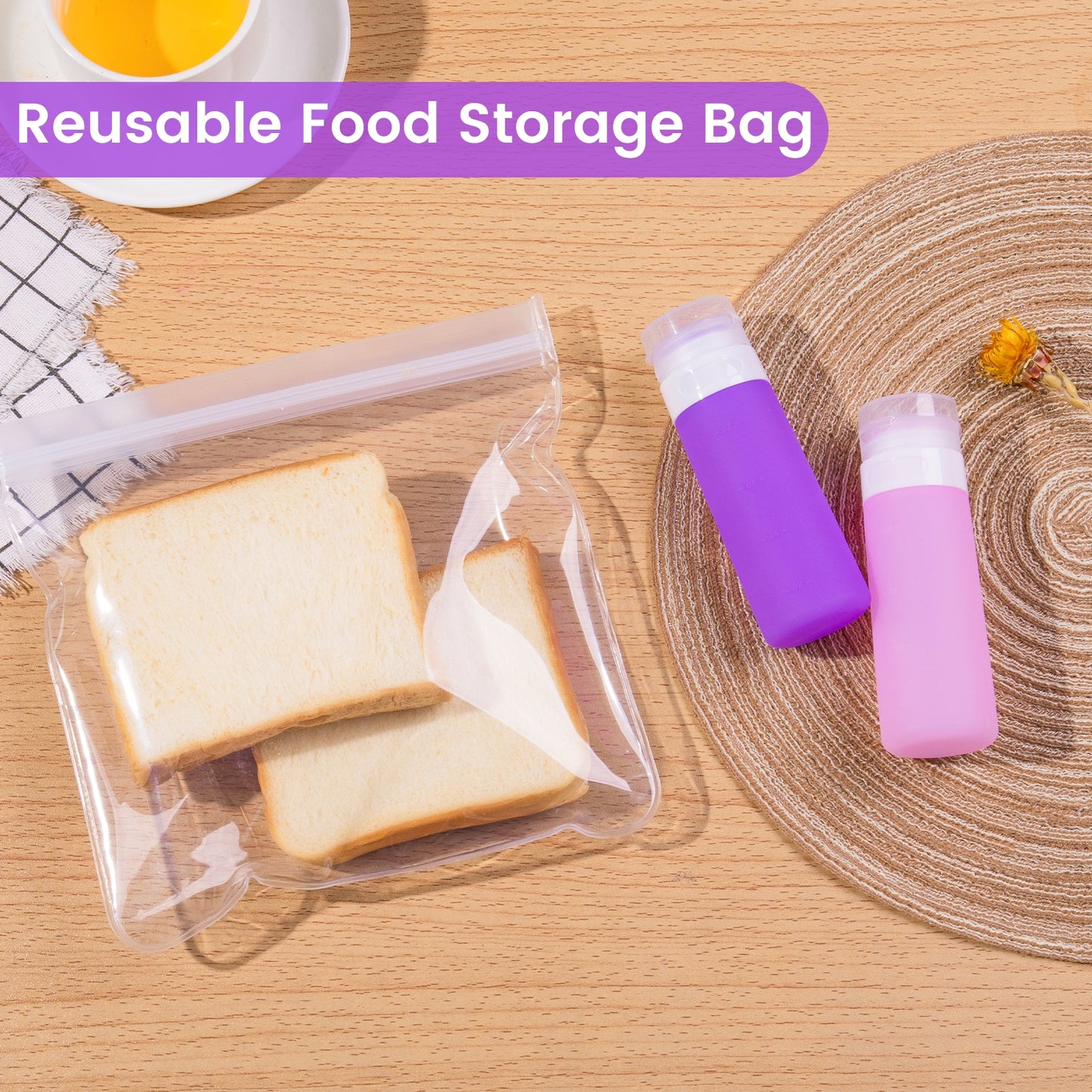 Micebay 3 oz Silicone Condiment Squeeze Bottles, Leakproof Mini Sauce Containers with Reusable Bag, 4-Pack for Meal Prep and Bento Boxes, Purple