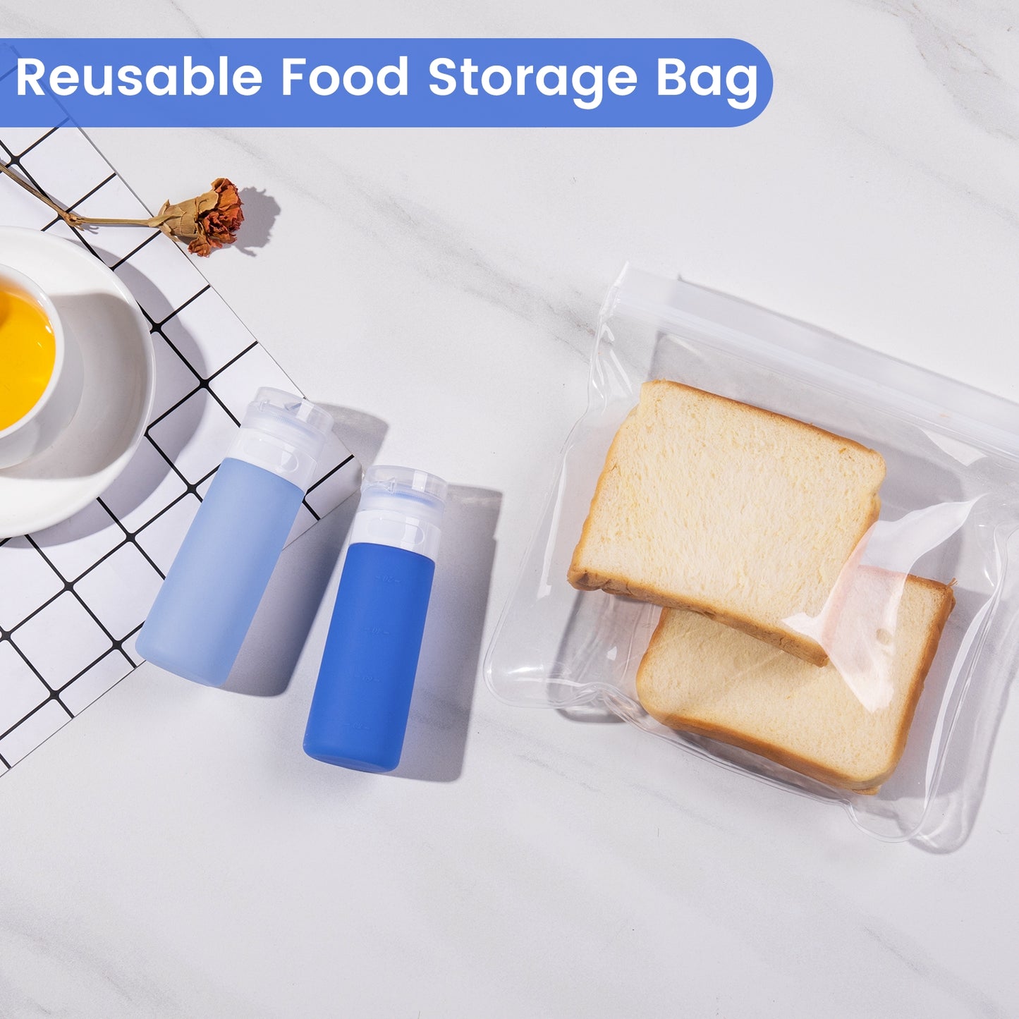 Micebay 3 oz Silicone Condiment Squeeze Bottles, Leakproof Mini Sauce Containers with Reusable Bag, 4-Pack for Meal Prep and Bento Boxes, Blue