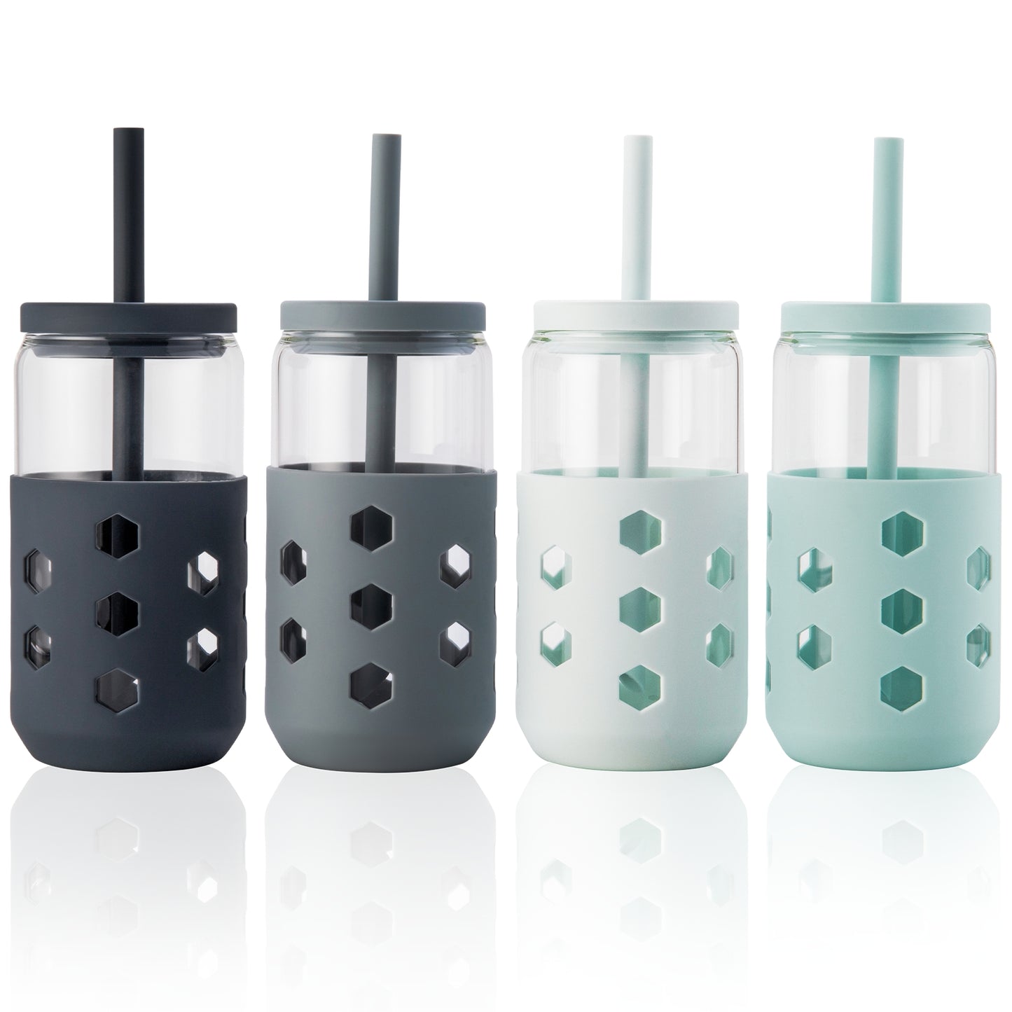 Micebay Glass Cups with Silicone Lids and Straws (4 Pcs), 16oz Drinking Glasses Set with Silicone Sleeves for Coffee Bar Accessories Iced Coffee Cups with Lids, Glass Tumbler Reusable for Gifts