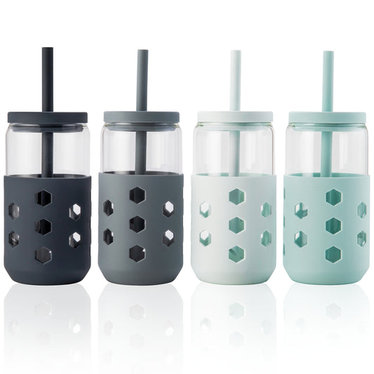 Micebay Glass Cups with Silicone Lids and Straws (4 Pcs), 16oz Drinking Glasses Set with Silicone Sleeves for Coffee Bar Accessories Iced Coffee Cups with Lids, Glass Tumbler Reusable for Gifts