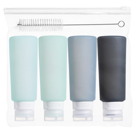 MICEBAY 6 oz Condiment Squeeze Bottles, Leakproof Salad Dressing Container, 4 Pack Silicone Salad Dressing Container to Go with Snack Storage Bag, Sauce Bottles for Lunch Box, Ketchup, Syrup, Gray