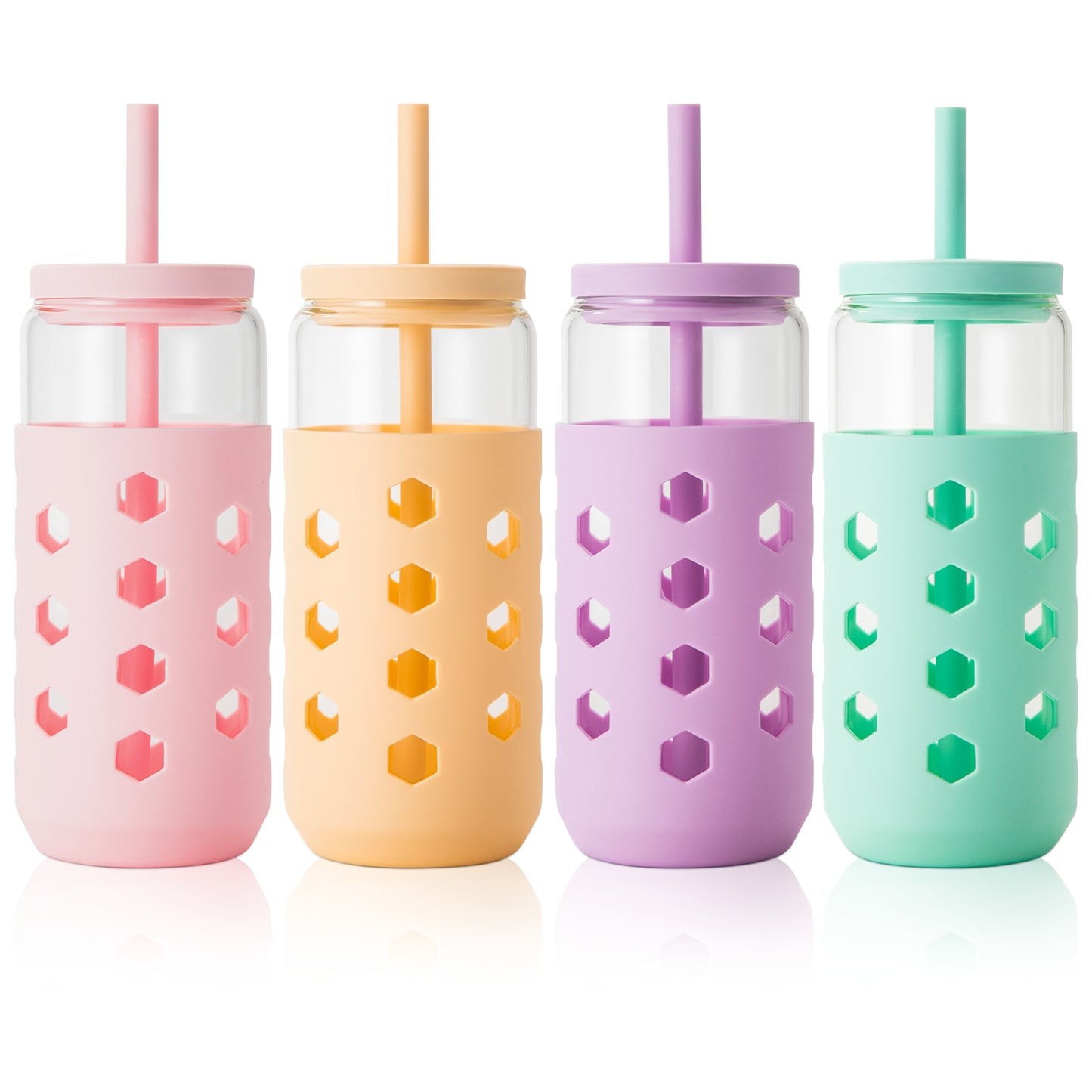 Micebay 20 oz Glass Cups With Lids and Straws, 4-Pack Iced Coffee Cup - Smoothie Cup With Silicone Lid and Sleeve for Coffee Bar Accessory, Cute Drinking Glasses Set Reusable Glass Tumbler for Gifts