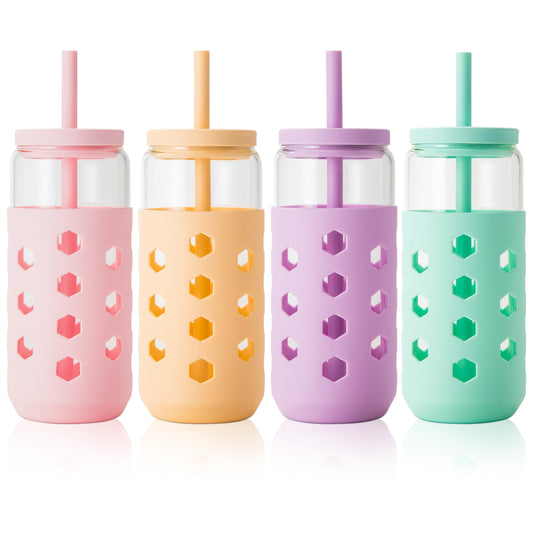 Micebay 20 oz Glass Cups With Lids and Straws, 4-Pack Iced Coffee Cup - Smoothie Cup With Silicone Lid and Sleeve for Coffee Bar Accessory, Cute Drinking Glasses Set Reusable Glass Tumbler for Gifts
