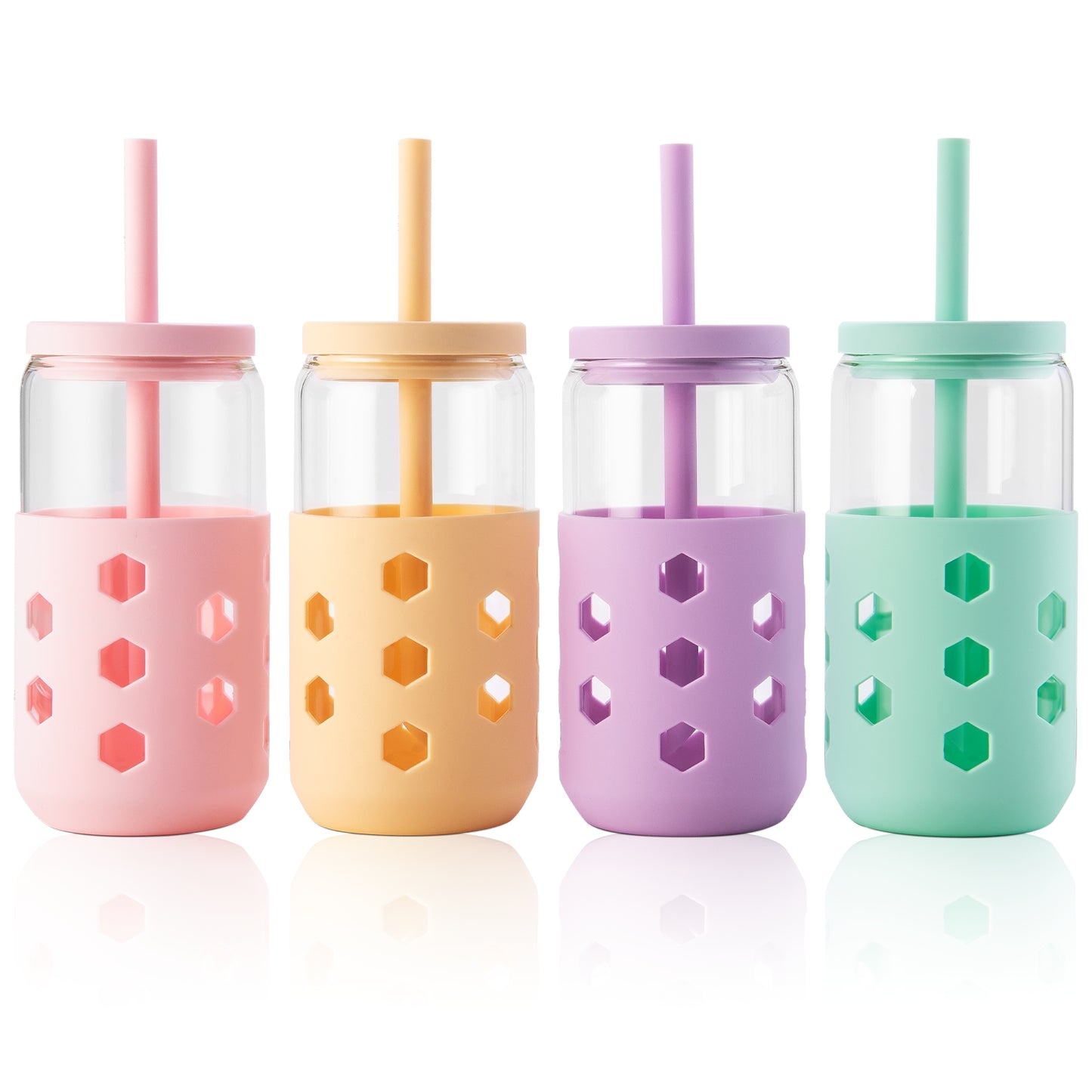 Micebay Glass Cups with Silicone Lids and Straws (4 Pcs), 16oz Drinking Glasses Set with Silicone Sleeves for Coffee Bar Accessories Iced Coffee Cups with Lids, Glass Tumbler Reusable for Gifts
