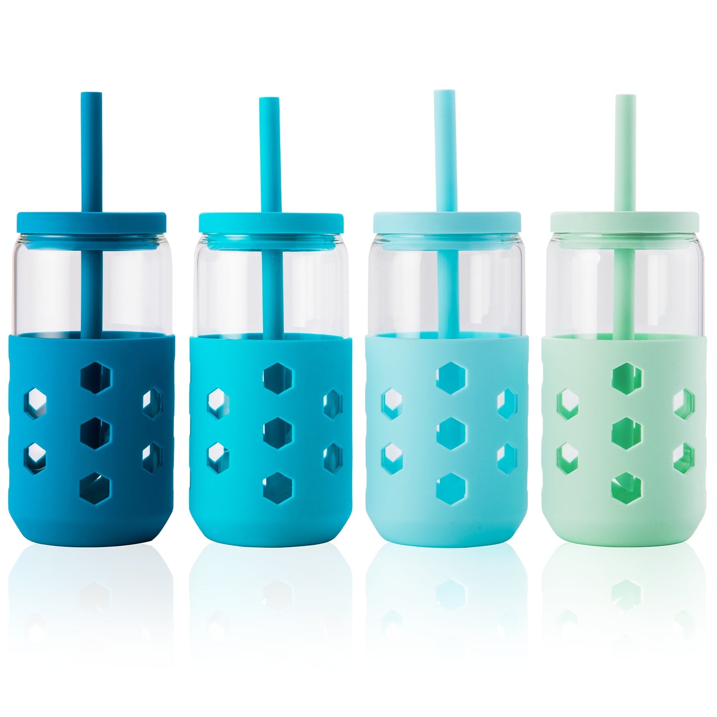 Micebay Glass Cups with Silicone Lids and Straws (4 Pcs), 16oz Drinking Glasses Set with Silicone Sleeves for Coffee Bar Accessories Iced Coffee Cups with Lids, Glass Tumbler Reusable for Gifts