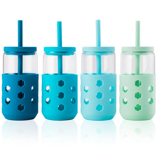 Micebay Glass Cups with Silicone Lids and Straws (4 Pcs), 16oz Drinking Glasses Set with Silicone Sleeves for Coffee Bar Accessories Iced Coffee Cups with Lids, Glass Tumbler Reusable for Gifts