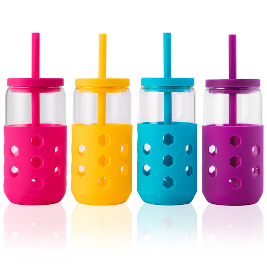 Micebay Glass Cups with Silicone Lids and Straws (4 Pcs), 16oz Drinking Glasses Set with Silicone Sleeves for Coffee Bar Accessories Iced Coffee Cups with Lids, Glass Tumbler Reusable for Gifts