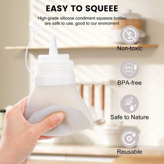 Micebay 12 oz Silicone Condiment Squeeze Bottles, Leak Proof, BPA Free, with Interchangeable Lids, Set of 4 for Oil, Honey, Dressing, Grey
