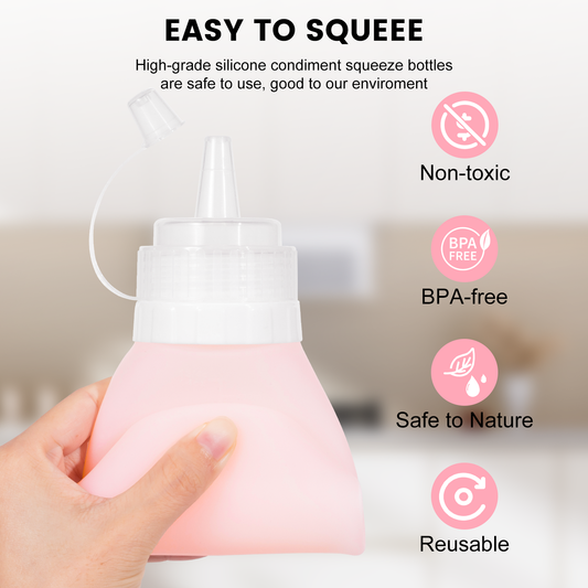 Micebay 16 oz Silicone Condiment Squeeze Bottles, Leak Proof, BPA Free, with Interchangeable Lids, Set of 4 for Oil, Honey, Dressing, Pink