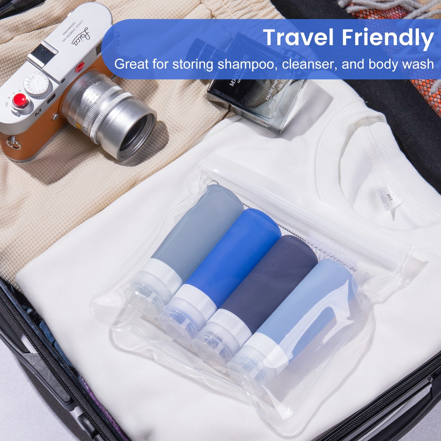 Micebay 3 oz Silicone Condiment Squeeze Bottles, Leakproof Mini Sauce Containers with Reusable Bag, 4-Pack for Meal Prep and Bento Boxes, Blue