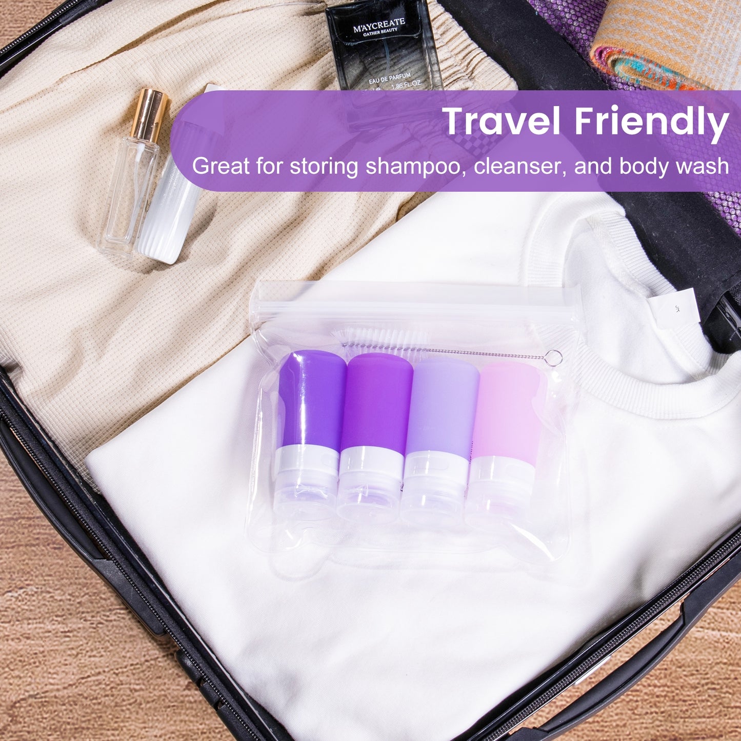 Micebay 2 oz Silicone Condiment Squeeze Bottles, Leakproof Mini Sauce Containers with Reusable Bag, 4-Pack for Meal Prep and Bento Boxes, Purple