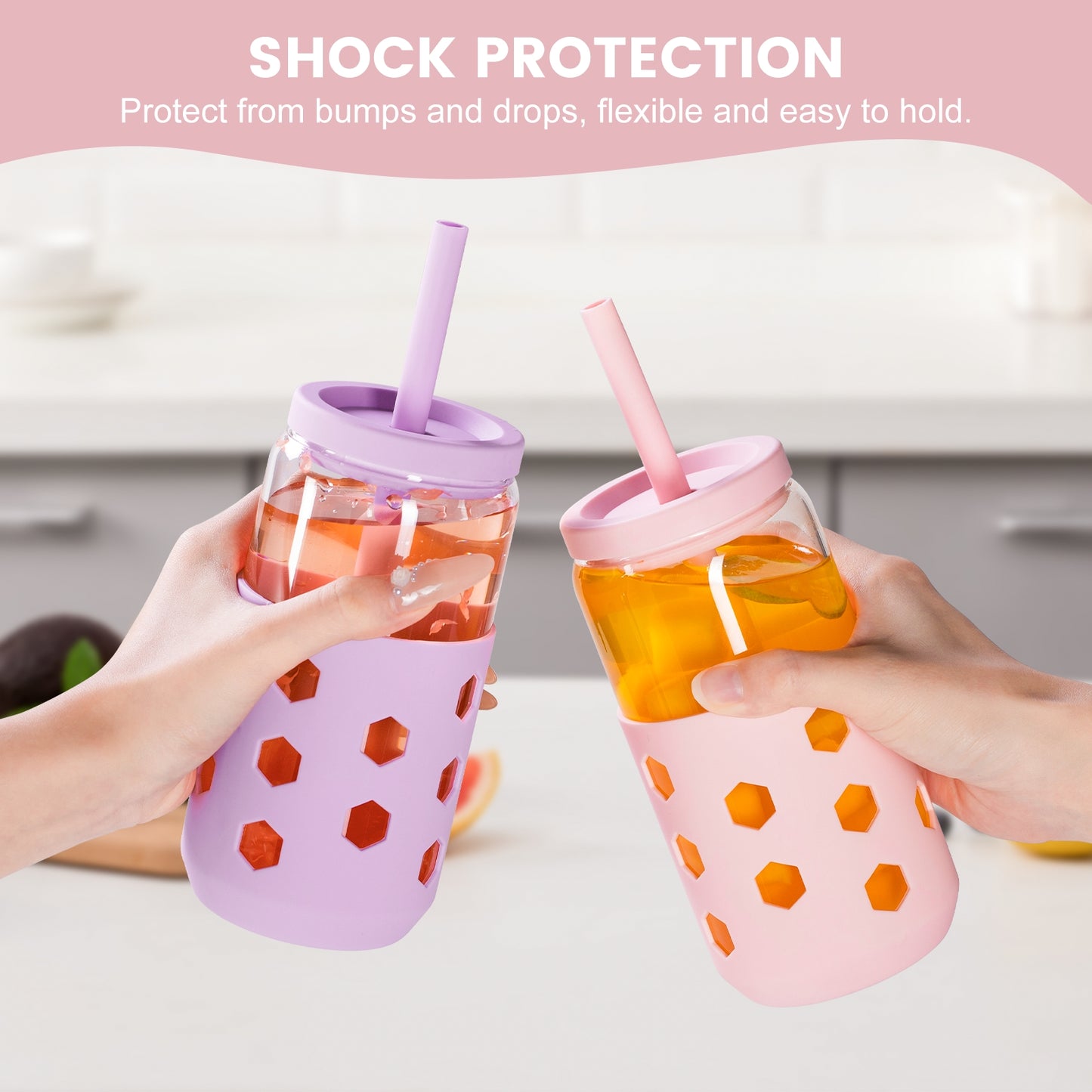 Micebay Glass Cups with Silicone Lids and Straws (4 Pcs), 16oz Drinking Glasses Set with Silicone Sleeves for Coffee Bar Accessories Iced Coffee Cups with Lids, Glass Tumbler Reusable for Gifts