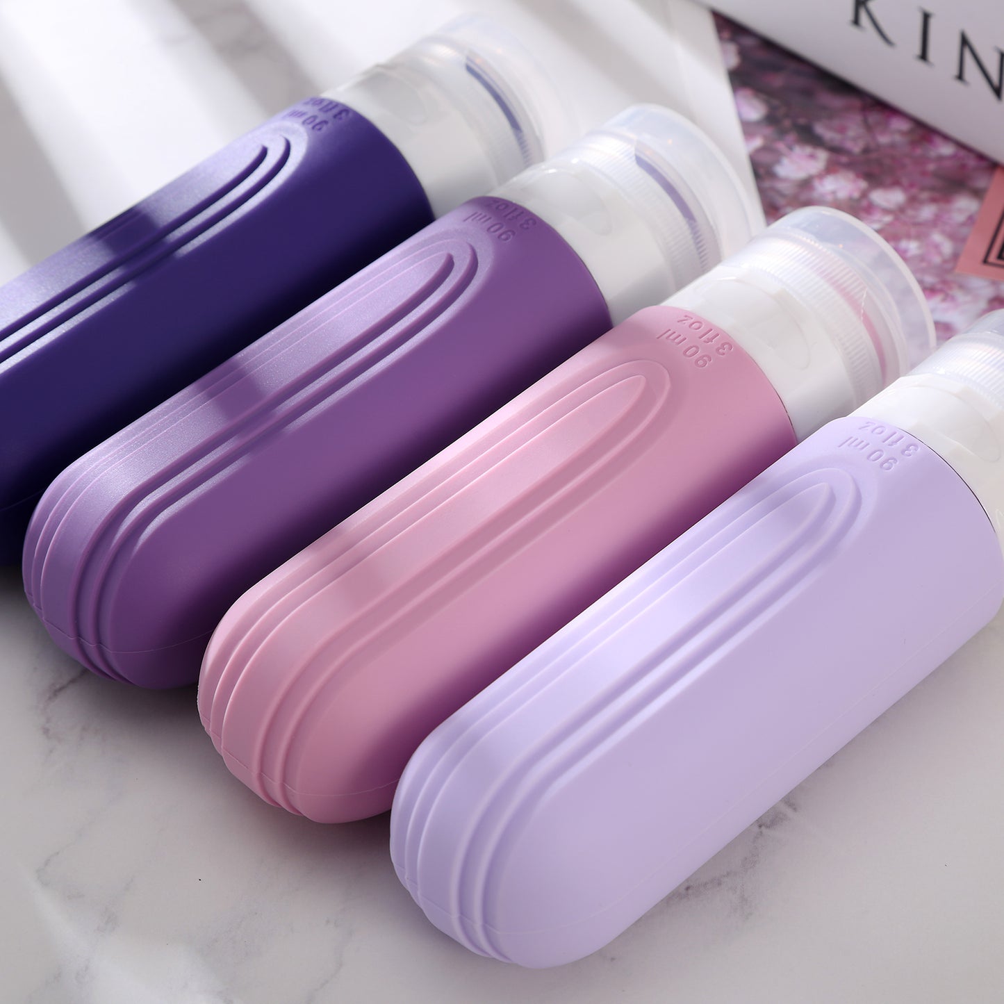 Micebay Leak-Proof 3-oz Silicone Squeezable Travel Bottles for Toiletries, Refillable Travel Size Containers, BPA Free, TSA Approved, Purple, 4 Pack