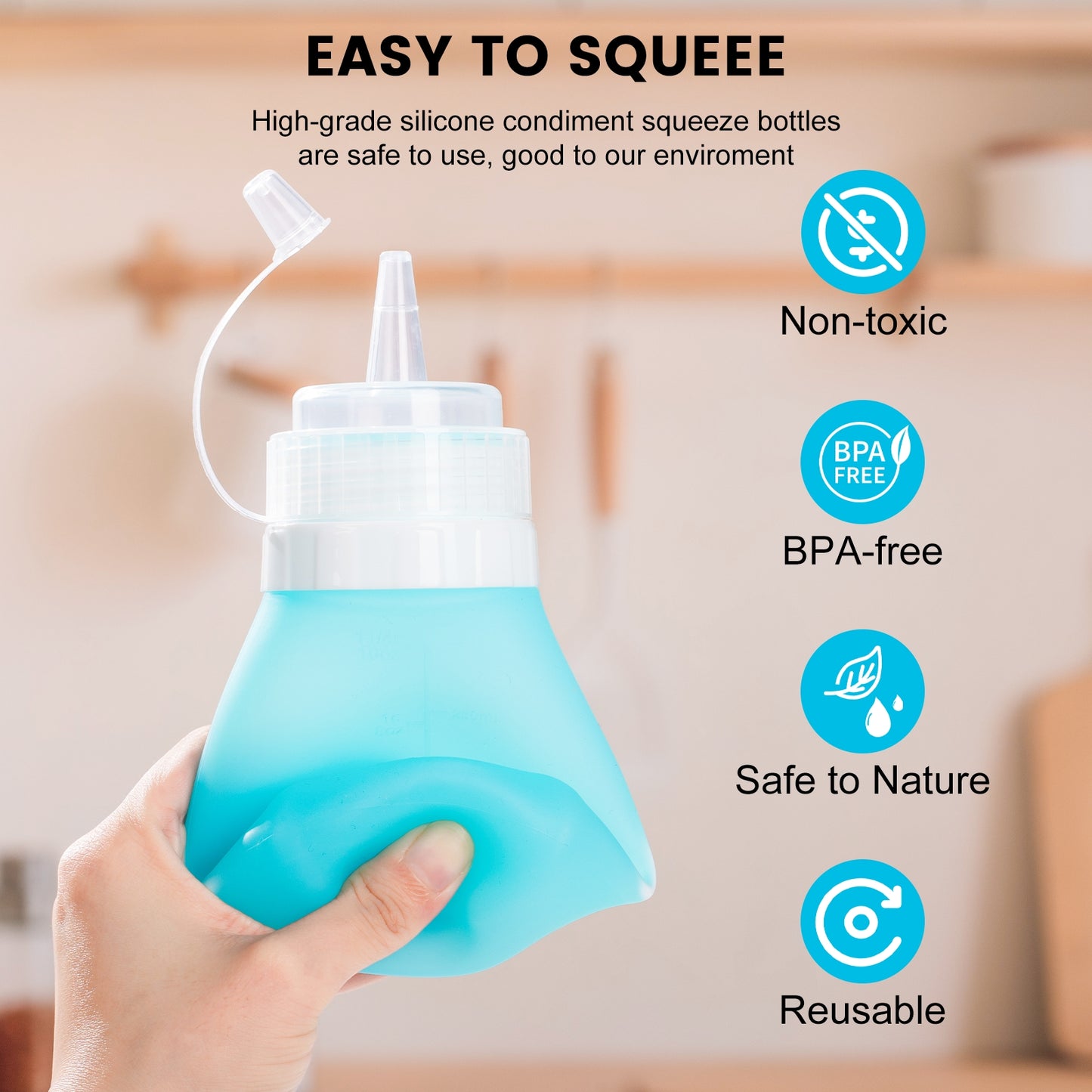 Micebay 12 oz Silicone Condiment Squeeze Bottles, Leak Proof, BPA Free, with Interchangeable Lids, Set of 4 for Oil, Honey, Dressing, Blue