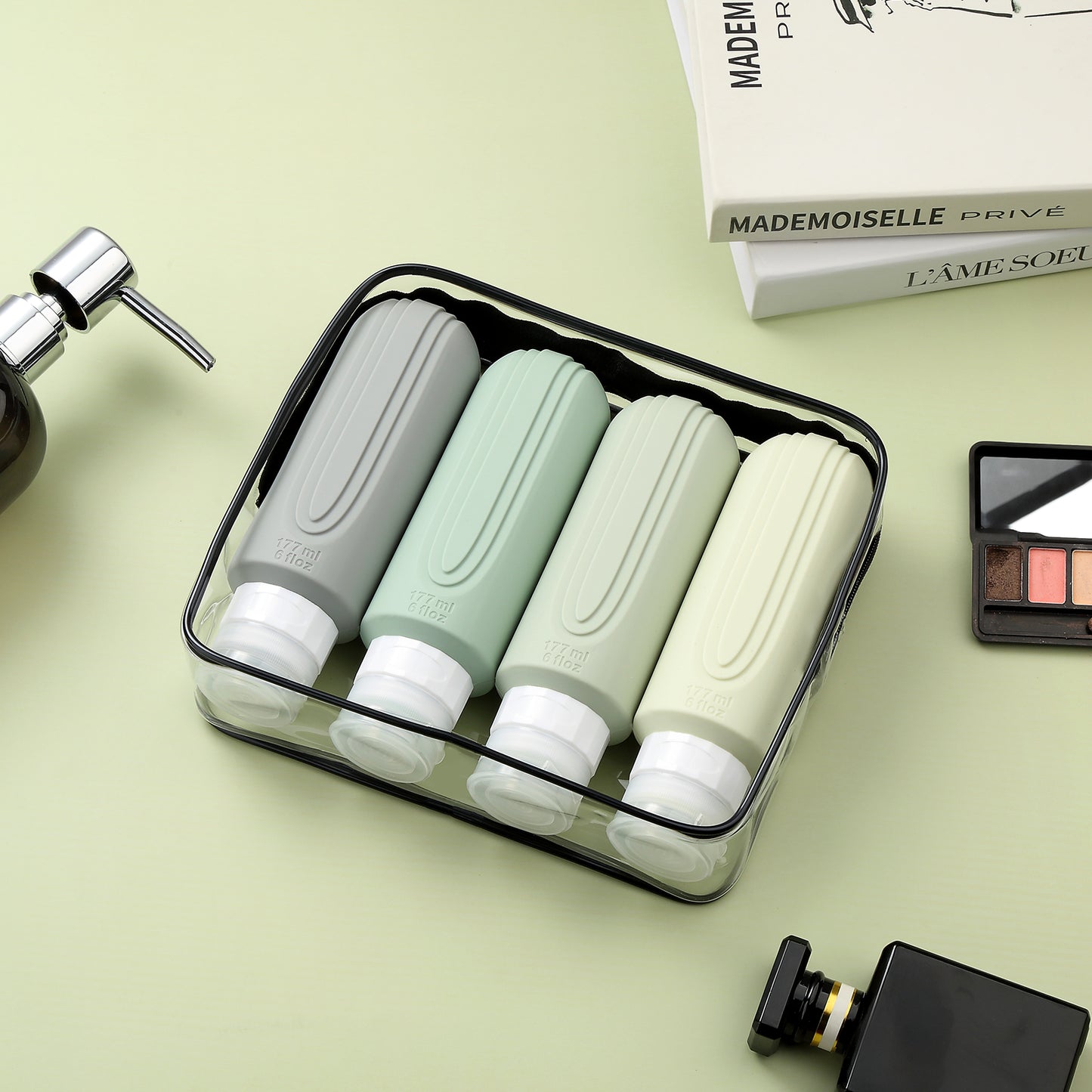 Micebay Leak-Proof 6-oz Silicone Squeezable Travel Bottles for Toiletries, Refillable Travel Size Containers, BPA Free, TSA Approved, Mint-Gray, 4 Pack