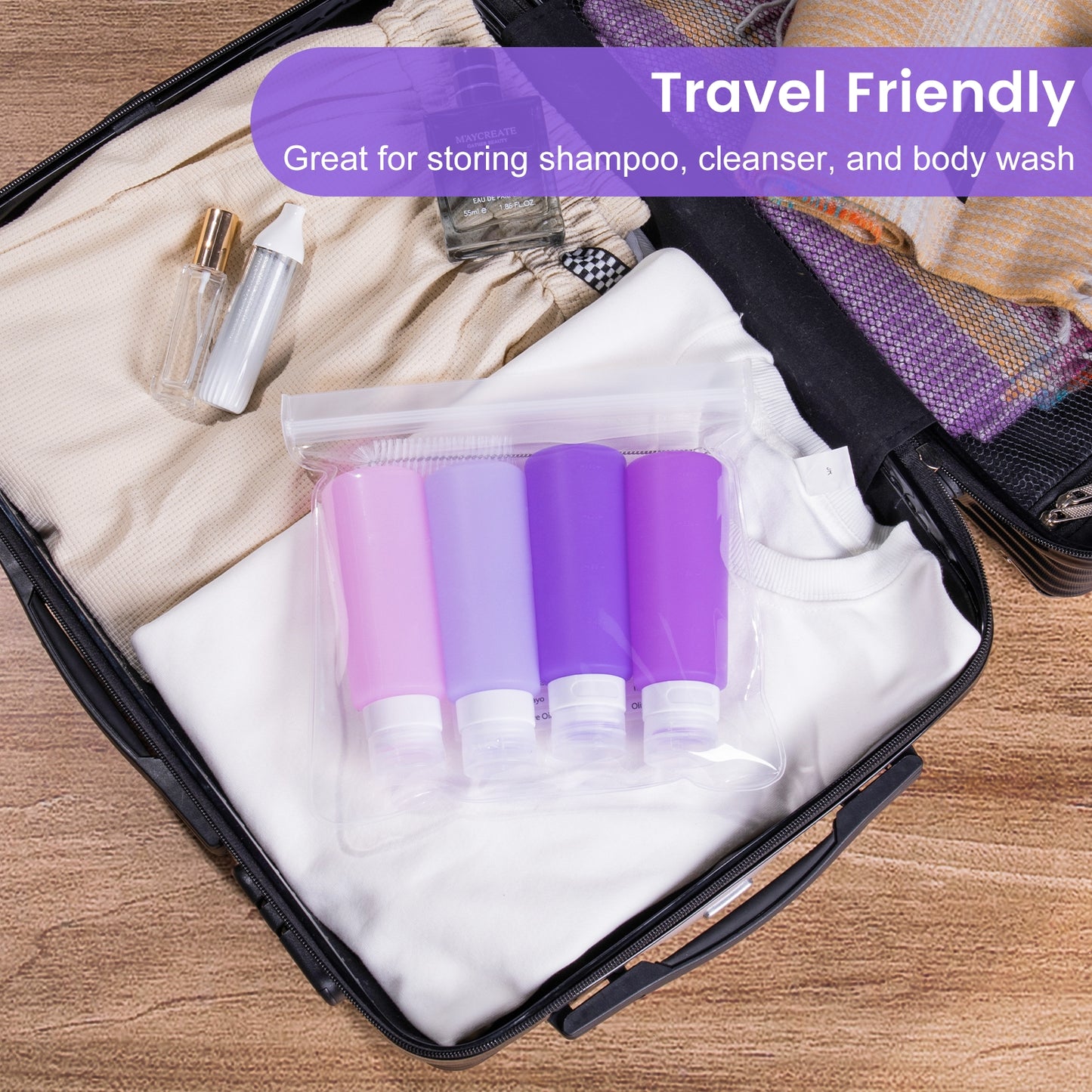 Micebay 6 oz Silicone Condiment Squeeze Bottles, Leakproof Mini Sauce Containers with Reusable Bag, 4-Pack for Meal Prep and Bento Boxes, Purple