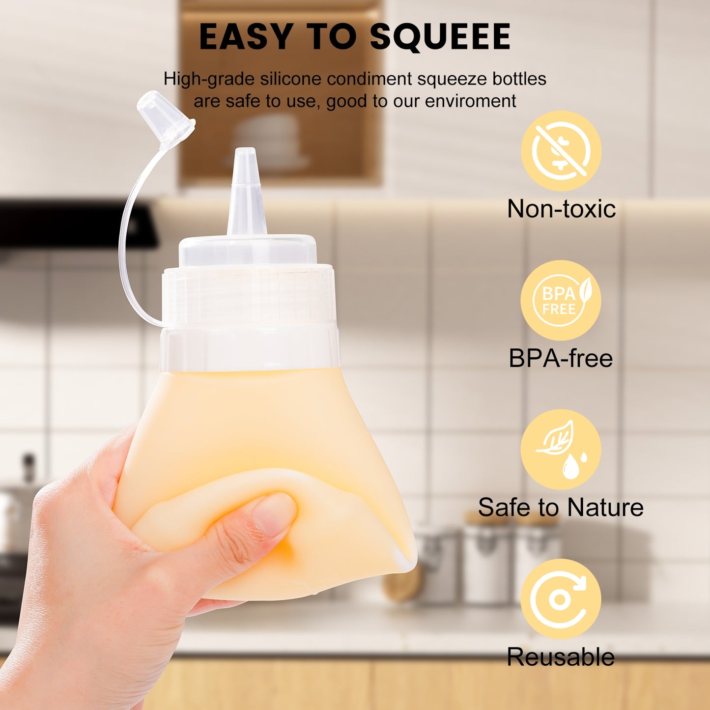 Micebay 12 oz Silicone Condiment Squeeze Bottles, Leak Proof, BPA Free, with Interchangeable Lids, Set of 4 for Oil, Honey, Dressing, Cream