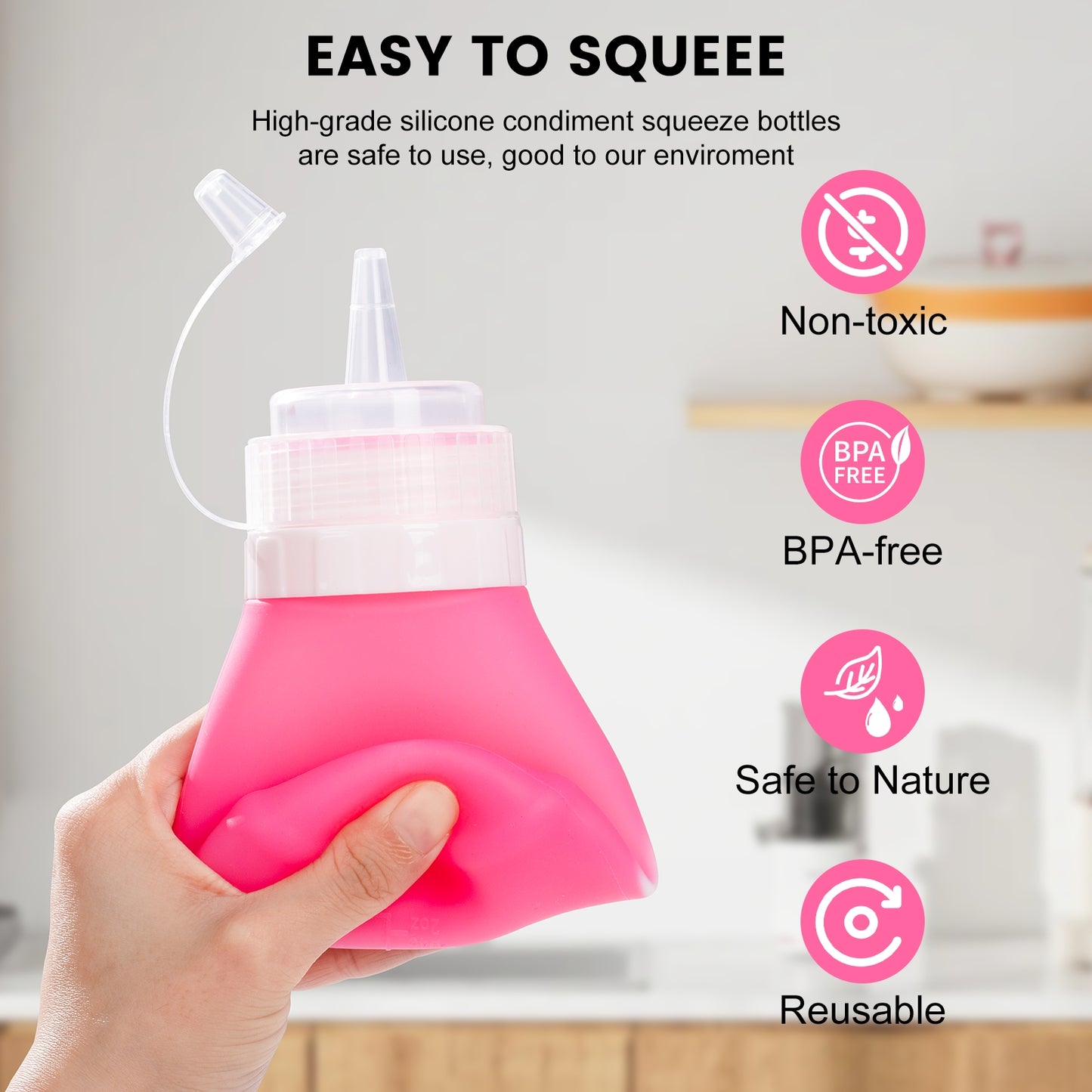 Micebay 12 oz Silicone Condiment Squeeze Bottles, Leak Proof, BPA Free, with Interchangeable Lids, Set of 4 for Oil, Honey, Dressing, Purple