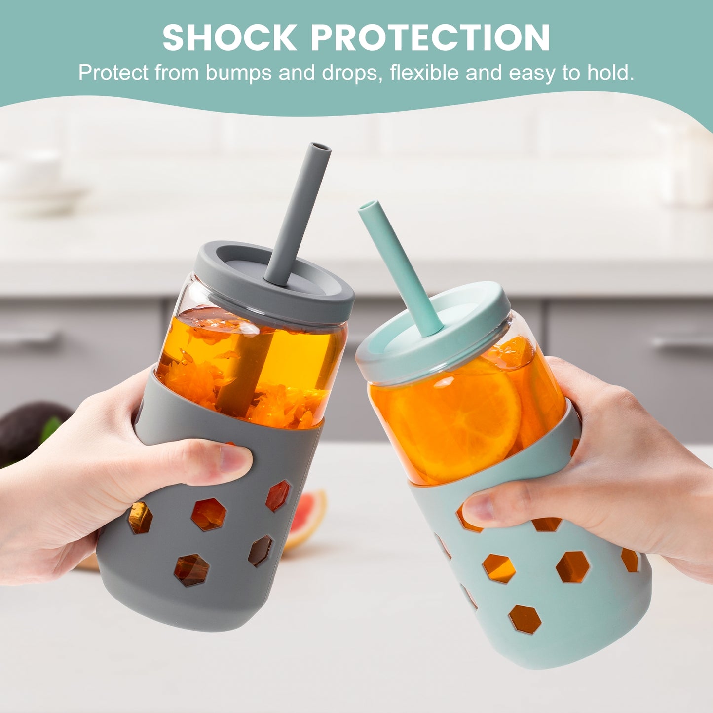 Micebay Glass Cups with Silicone Lids and Straws (4 Pcs), 16oz Drinking Glasses Set with Silicone Sleeves for Coffee Bar Accessories Iced Coffee Cups with Lids, Glass Tumbler Reusable for Gifts