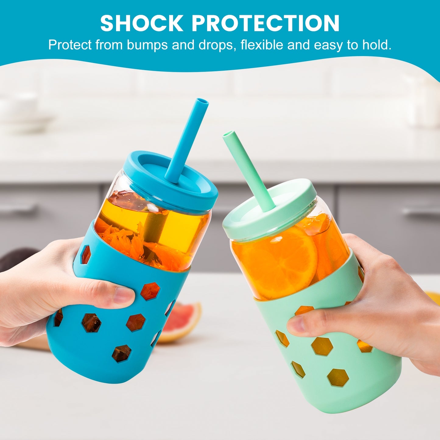 Micebay Glass Cups with Silicone Lids and Straws (4 Pcs), 16oz Drinking Glasses Set with Silicone Sleeves for Coffee Bar Accessories Iced Coffee Cups with Lids, Glass Tumbler Reusable for Gifts