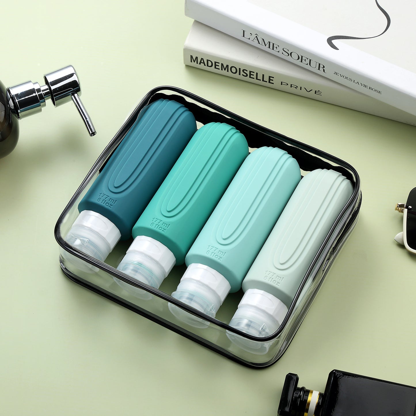 Micebay Leak-Proof 6-oz Silicone Squeezable Travel Bottles for Toiletries, Refillable Travel Size Containers, BPA Free, TSA Approved, Mint, 4 Pack