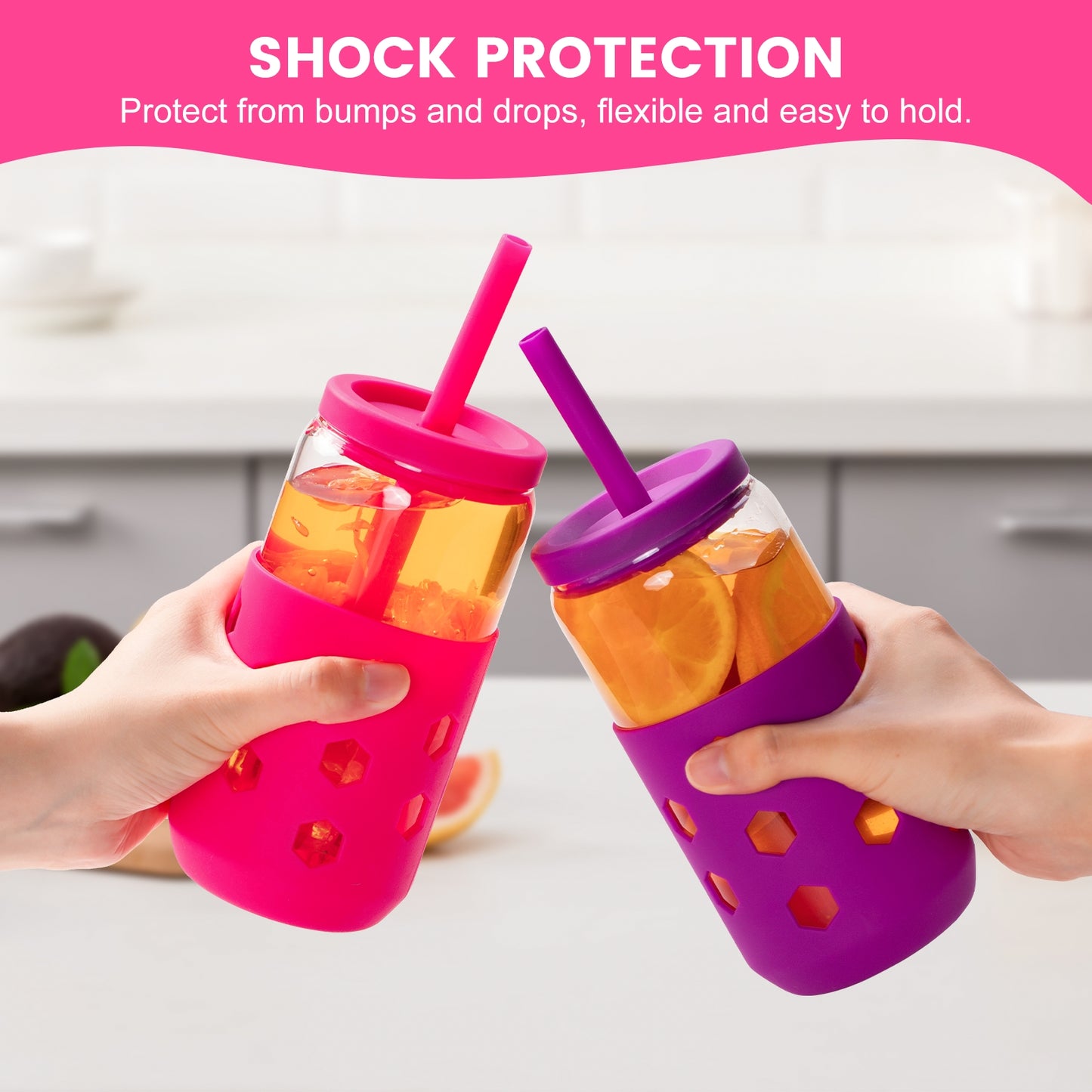 Micebay Glass Cups with Silicone Lids and Straws (4 Pcs), 16oz Drinking Glasses Set with Silicone Sleeves for Coffee Bar Accessories Iced Coffee Cups with Lids, Glass Tumbler Reusable for Gifts